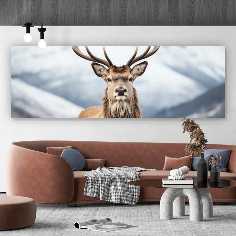 Aluminiumbild Hirsch vor schneebedeckten Berglandschaft Panorama