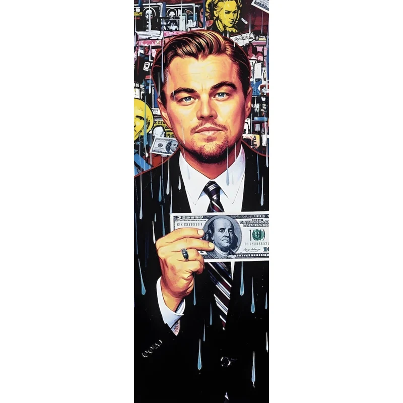 Poster Leonardo mit Geldschein vor buntem Hintergrund Panorama Hoch