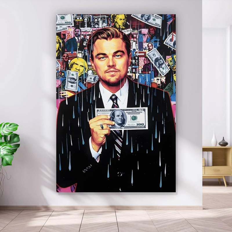 Aluminiumbild Leonardo mit Geldschein vor buntem Hintergrund Hochformat