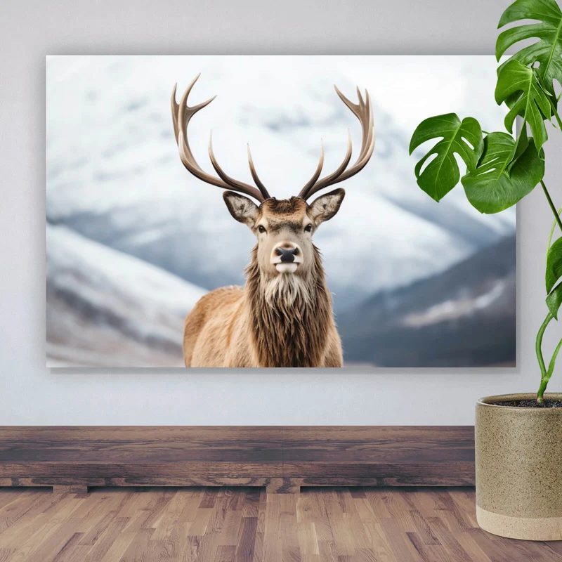 Poster Hirsch vor schneebedeckten Berglandschaft Querformat