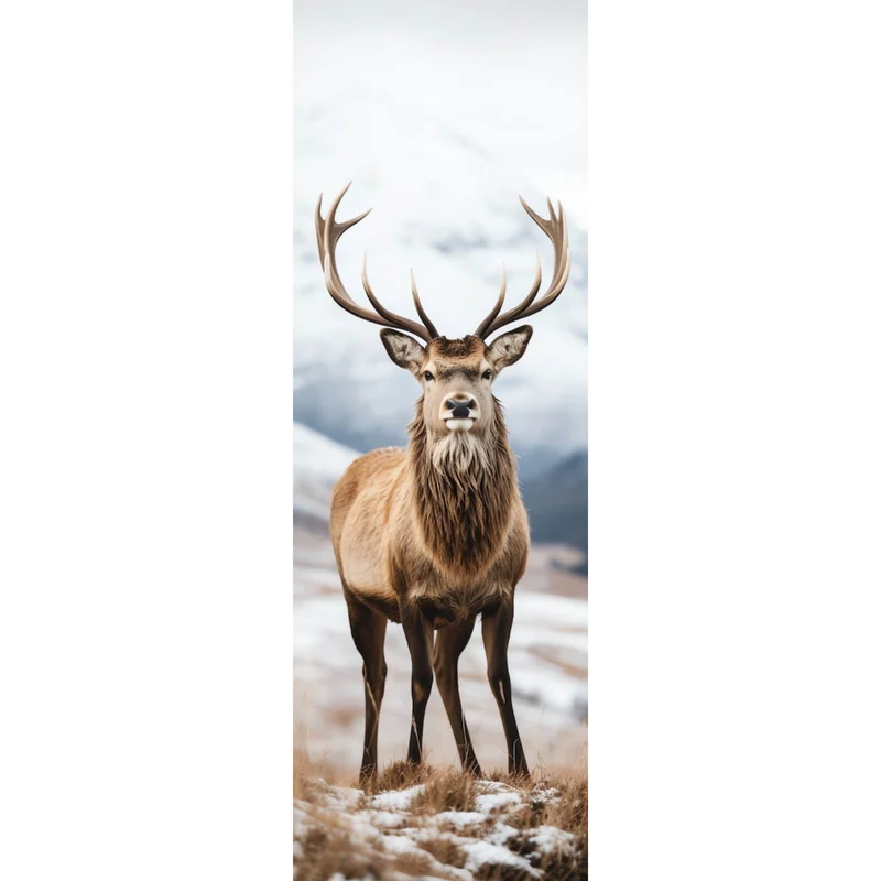 Acrylglasbild Hirsch vor schneebedeckten Berglandschaft Panorama Hoch