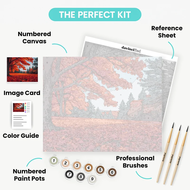 Autumn Forest with Vibrant Red Maple Leaves - Paint by Numbers Kit