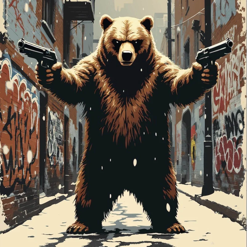 Leinwandbild Bewaffneter Bär in schneebedeckter Stadtgasse Quadrat