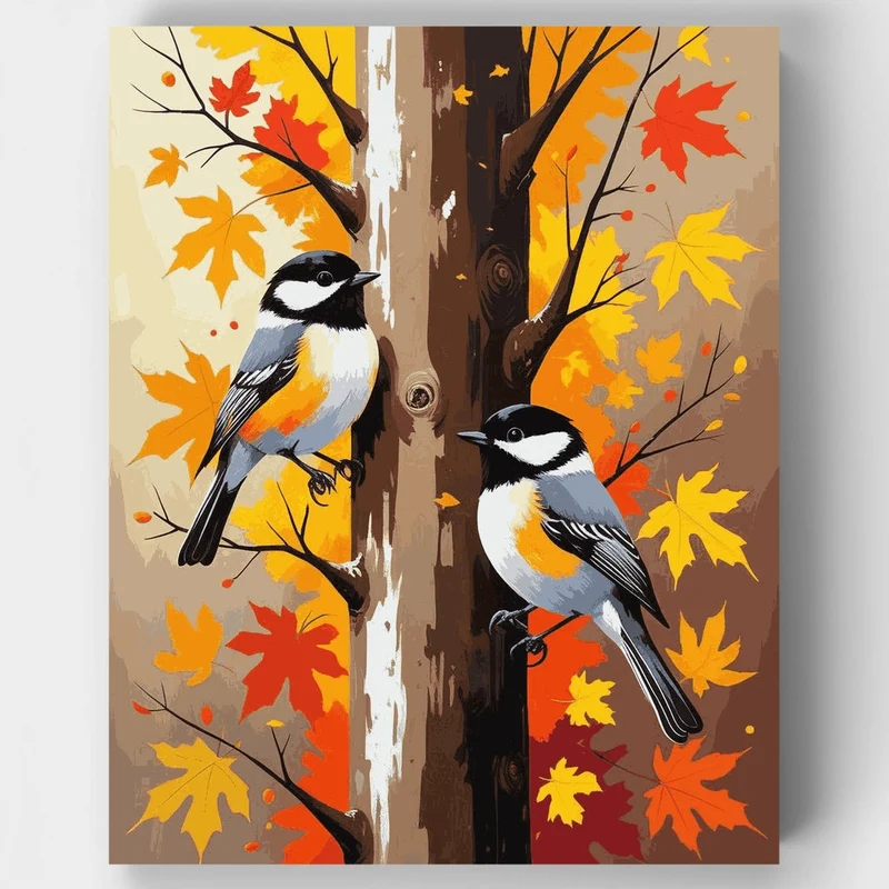 Autumn Chickadees on Branch - Paint by Numbers Kit
