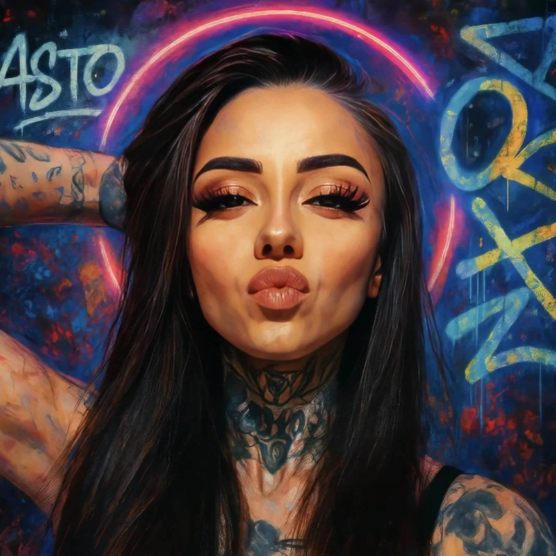 Aluminiumbild gebürstet Katjahlix mit Tattoos und Neon posiert selbstbewusst Quadrat