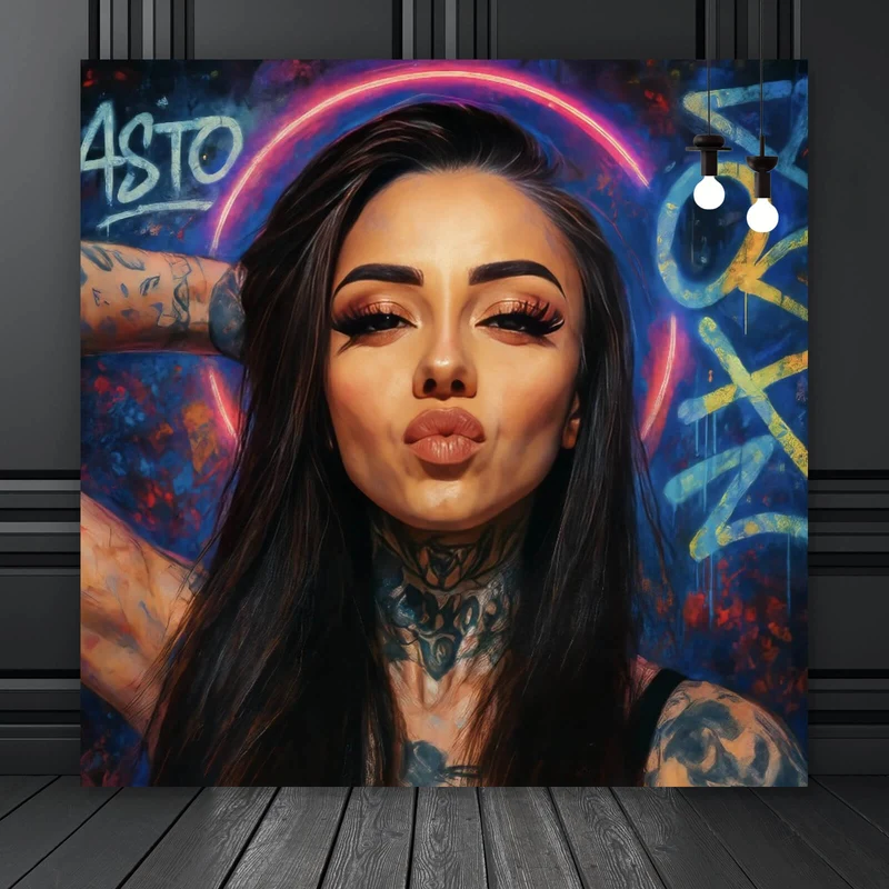 Poster Katjahlix mit Tattoos und Neon posiert selbstbewusst Quadrat