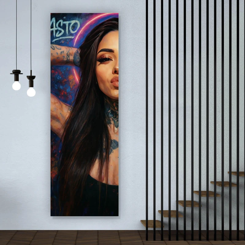 Spannrahmenbild Katjahlix mit Tattoos und Neon posiert selbstbewusst Panorama Hoch