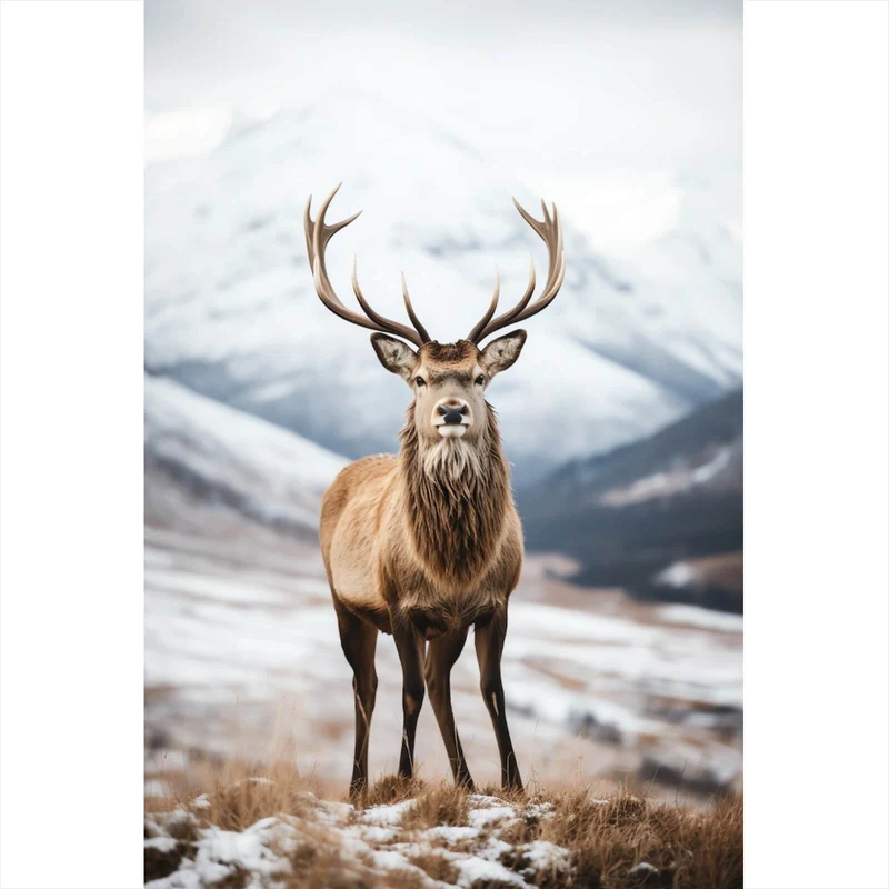 Poster Hirsch vor schneebedeckten Berglandschaft Hochformat
