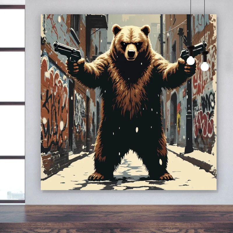 Poster Bewaffneter Bär in schneebedeckter Stadtgasse Quadrat