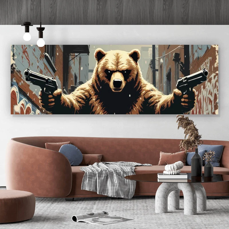 Aluminiumbild gebürstet Bewaffneter Bär in schneebedeckter Stadtgasse Panorama