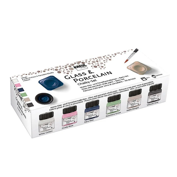 Kreul Chalk Paints for Glass and Porcelain, Set of 6 x 20 ml + Brush