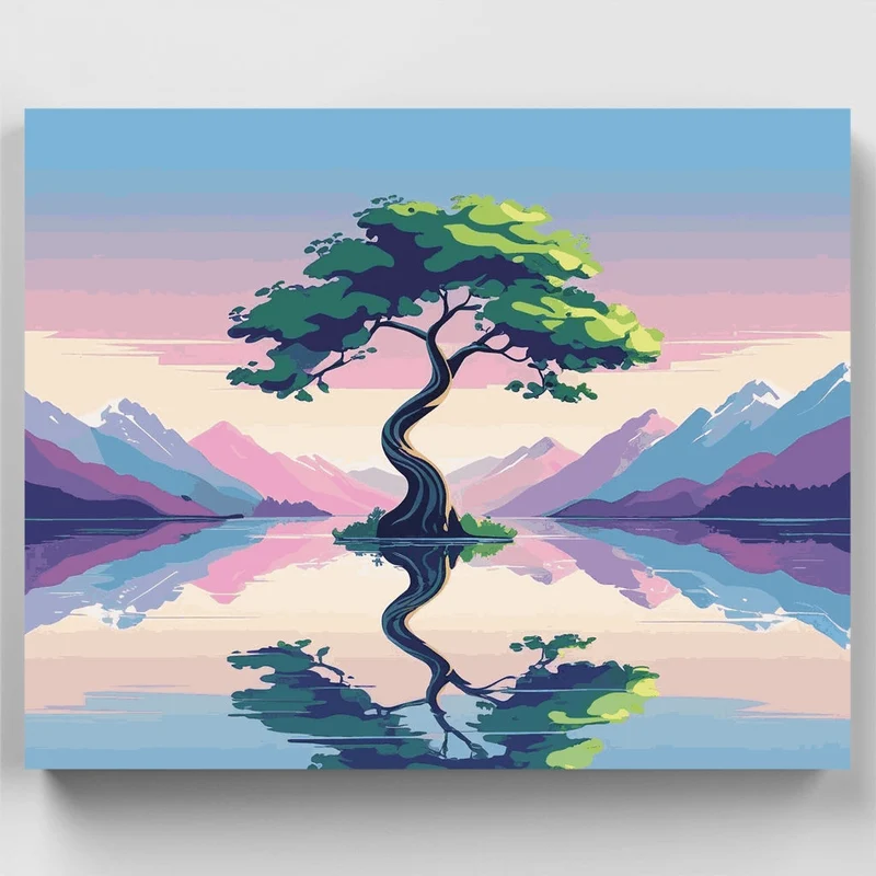 Twisted Tree Mountain Lake Reflection - Paint by Numbers Kit