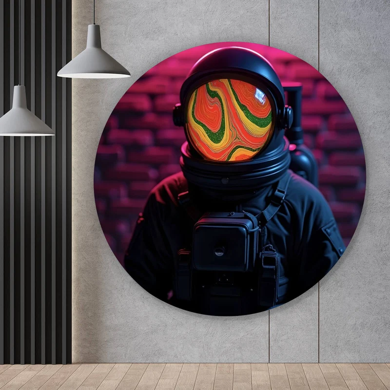 Aluminiumbild Astronaut mit Helm Baked Neon Kreis