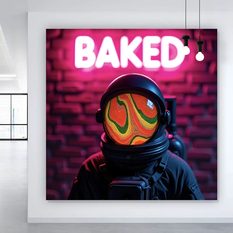 Acrylglasbild Astronaut mit Helm Baked Neon Quadrat