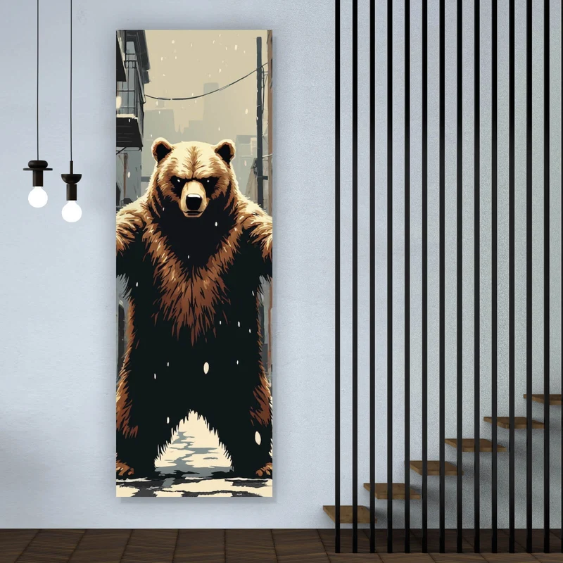 Leinwandbild Bewaffneter Bär in schneebedeckter Stadtgasse Panorama Hoch