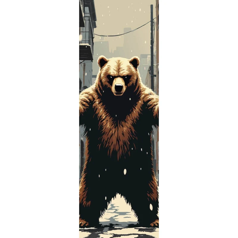 Poster Bewaffneter Bär in schneebedeckter Stadtgasse Panorama Hoch