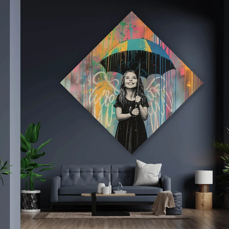 Acrylglasbild Engel Mädchen mit Schirm Pop Art Raute