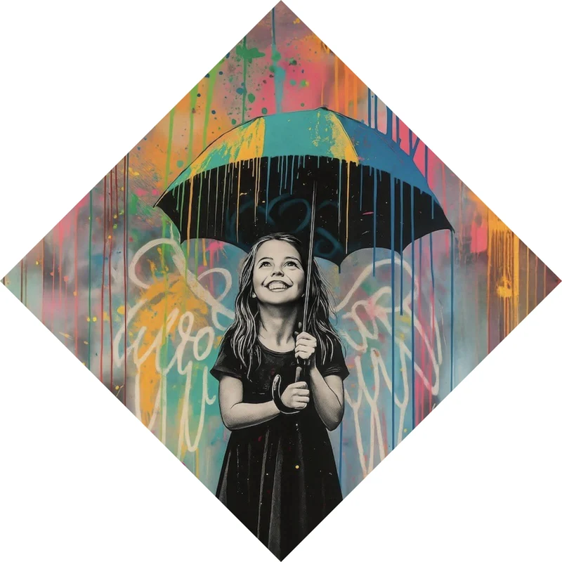 Acrylglasbild Engel Mädchen mit Schirm Pop Art Raute