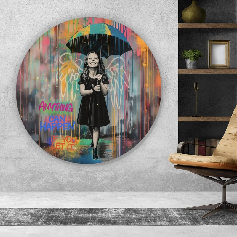 Aluminiumbild gebürstet Engel Mädchen mit Schirm Pop Art Kreis