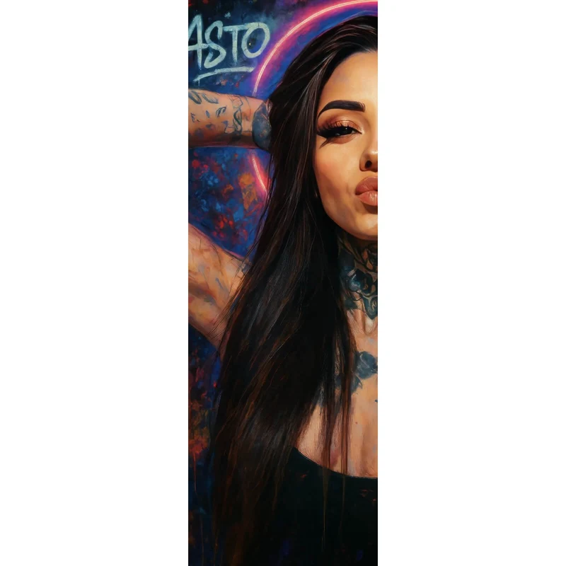 Aluminiumbild gebürstet Katjahlix mit Tattoos und Neon posiert selbstbewusst Panorama Hoch