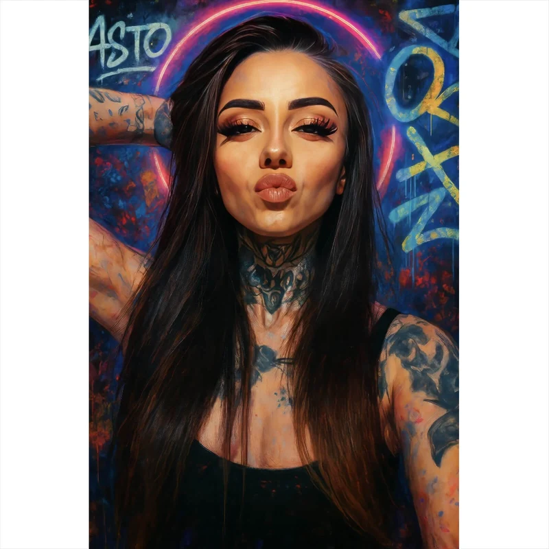 Spannrahmenbild Katjahlix mit Tattoos und Neon posiert selbstbewusst Hochformat