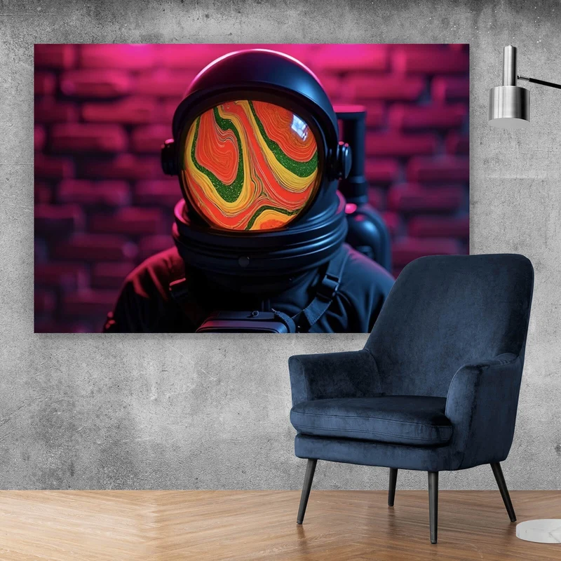 Aluminiumbild gebürstet Astronaut mit Helm Baked Neon Querformat