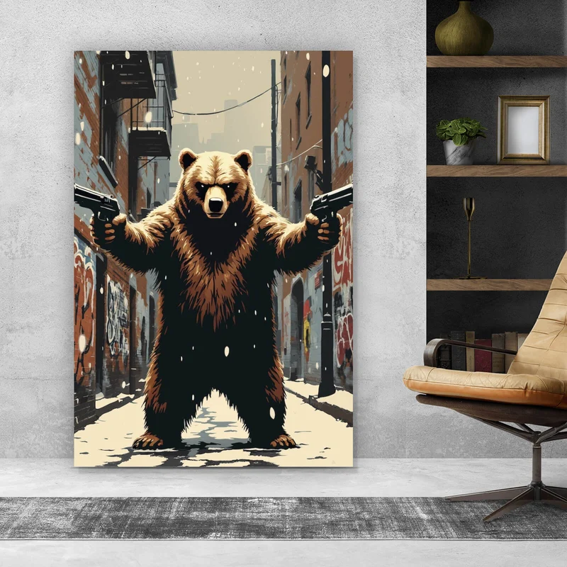Leinwandbild Bewaffneter Bär in schneebedeckter Stadtgasse Hochformat