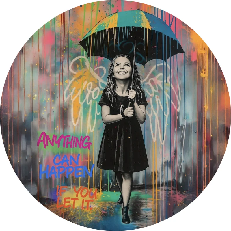 Aluminiumbild Engel Mädchen mit Schirm Pop Art Kreis