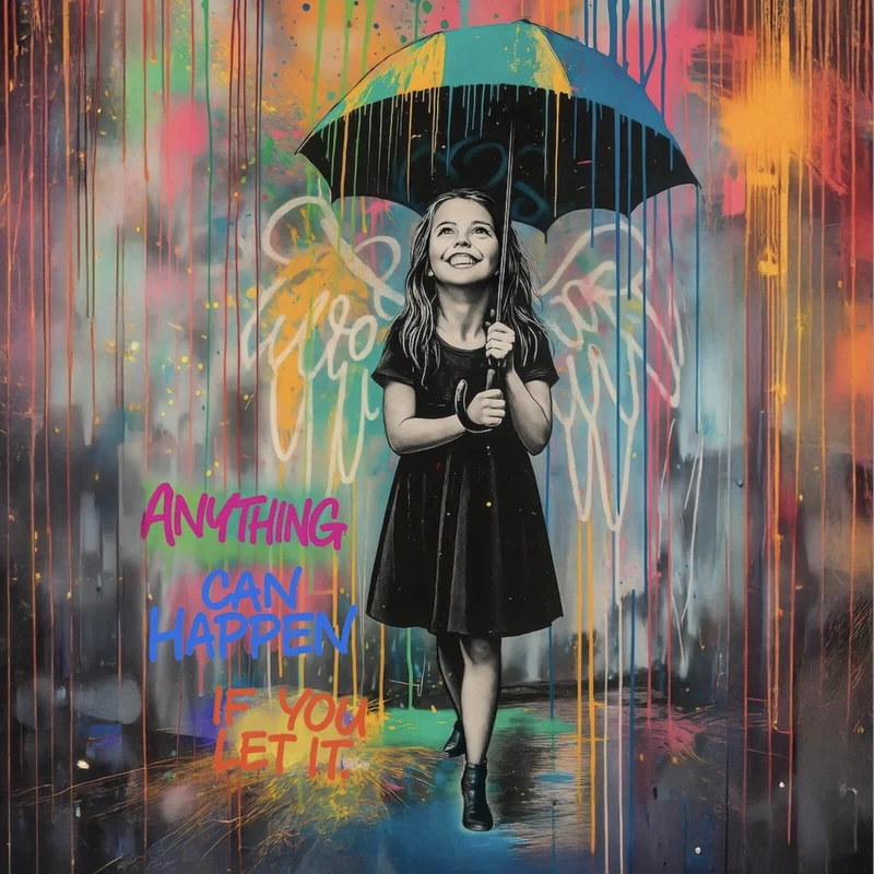 Aluminiumbild gebürstet Engel Mädchen mit Schirm Pop Art Quadrat