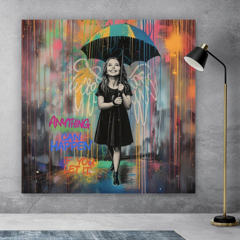Aluminiumbild Engel Mädchen mit Schirm Pop Art Quadrat