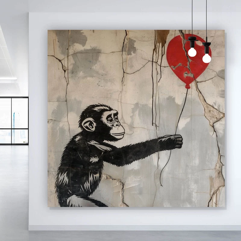 Aluminiumbild gebürstet Affe hält roten Ballon Street Art Quadrat