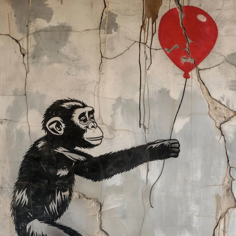 Aluminiumbild gebürstet Affe hält roten Ballon Street Art Quadrat