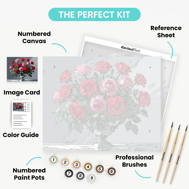 Elegant Rose Bouquet in Silver Vase - Paint by Numbers Kit