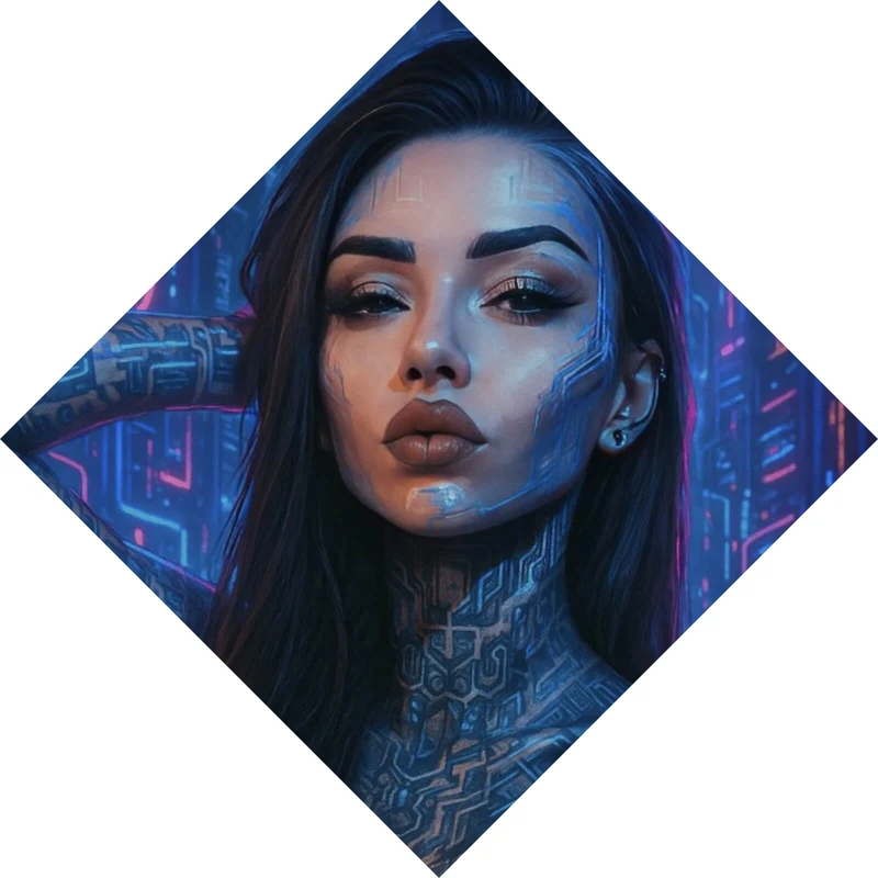 Spannrahmenbild Katjahlix Cyberpunk-Frau mit leuchtenden Tattoos und futuristischem Hintergrund Raute