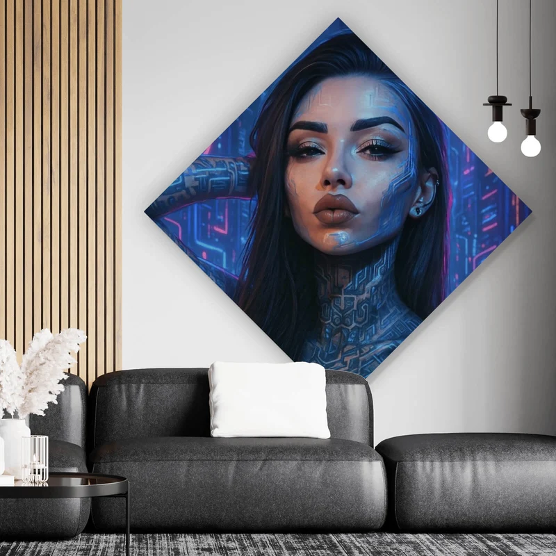 Acrylglasbild Katjahlix Cyberpunk-Frau mit leuchtenden Tattoos und futuristischem Hintergrund Raute