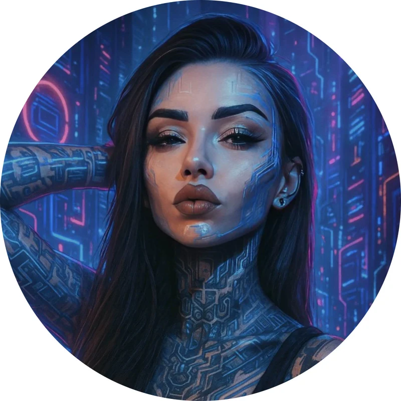 Aluminiumbild gebürstet Katjahlix Cyberpunk-Frau mit leuchtenden Tattoos und futuristischem Hintergrund Kreis