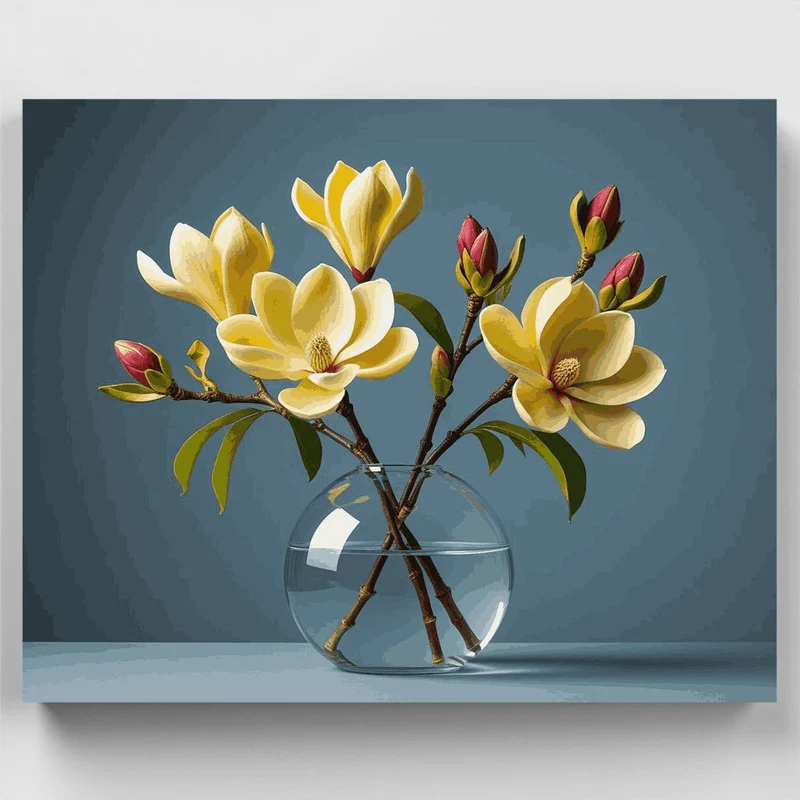 Magnolia Blossoms in Glass Vase - Paint by Numbers Kit