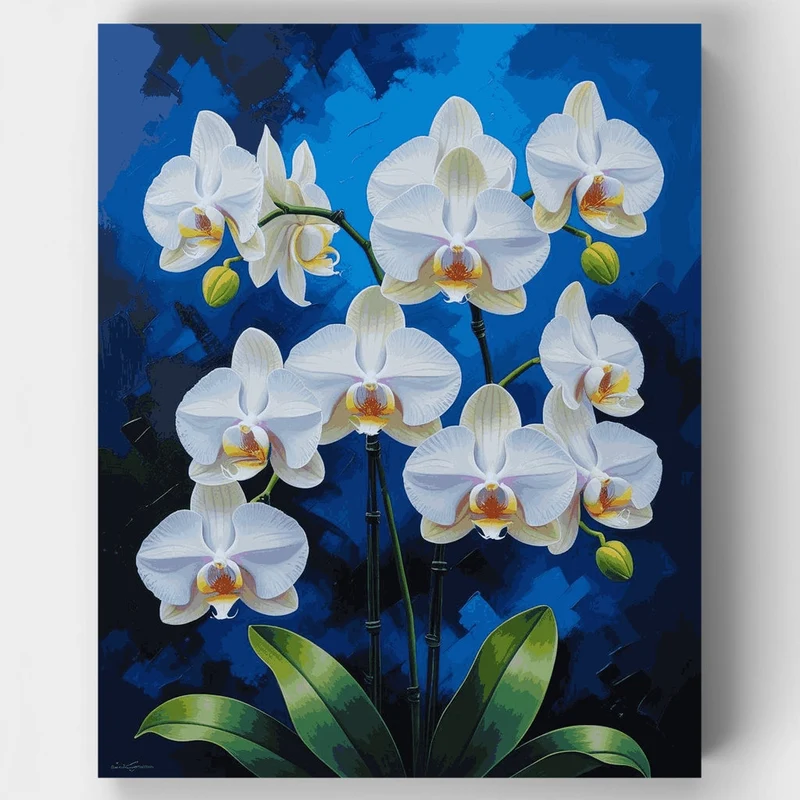 White Orchids on Blue Background - Paint by Numbers Kit