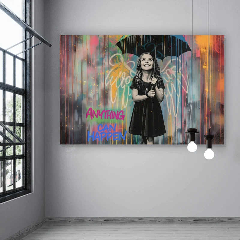 Aluminiumbild gebürstet Engel Mädchen mit Schirm Pop Art Querformat