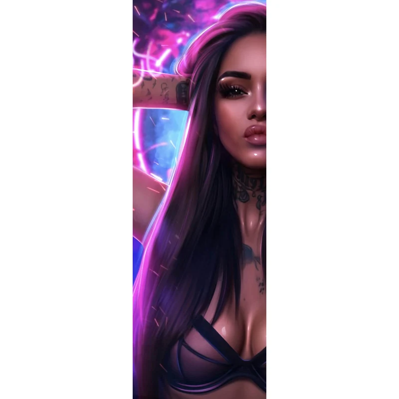 Poster Katjahlix Neonbeleuchtete Frau mit langen Haaren und Tattoos Panorama Hoch