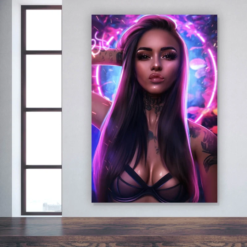 Poster Katjahlix Neonbeleuchtete Frau mit langen Haaren und Tattoos Hochformat