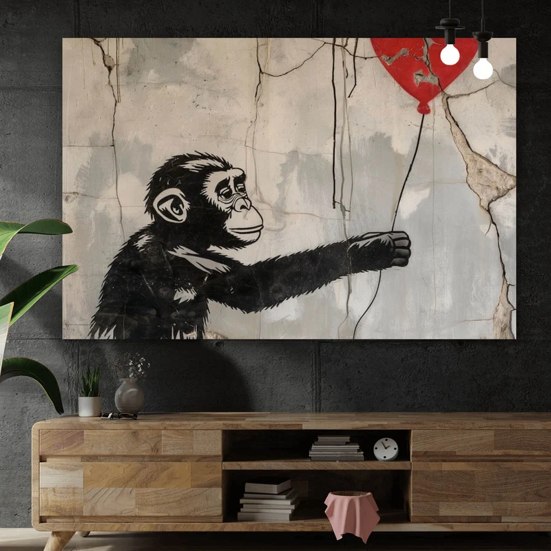 Aluminiumbild gebürstet Affe hält roten Ballon Street Art Querformat