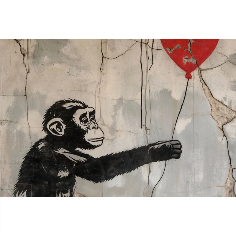 Aluminiumbild Affe hält roten Ballon Street Art Querformat