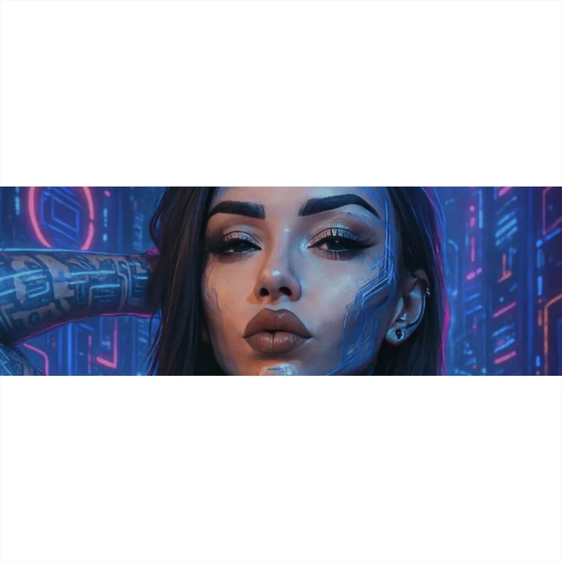 Leinwandbild Katjahlix Cyberpunk-Frau mit leuchtenden Tattoos und futuristischem Hintergrund Panorama