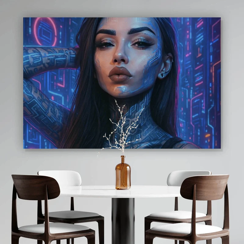 Acrylglasbild Katjahlix Cyberpunk-Frau mit leuchtenden Tattoos und futuristischem Hintergrund Querformat