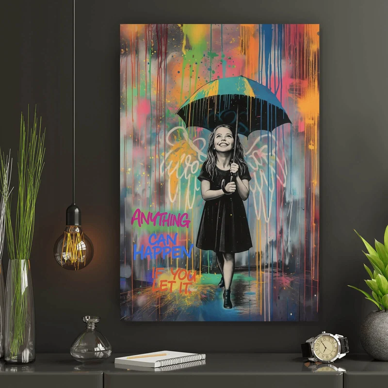 Aluminiumbild gebürstet Engel Mädchen mit Schirm Pop Art Hochformat