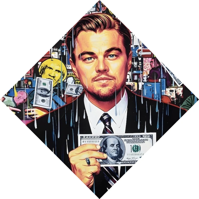 Acrylglasbild Leonardo mit Geldschein vor buntem Hintergrund Raute
