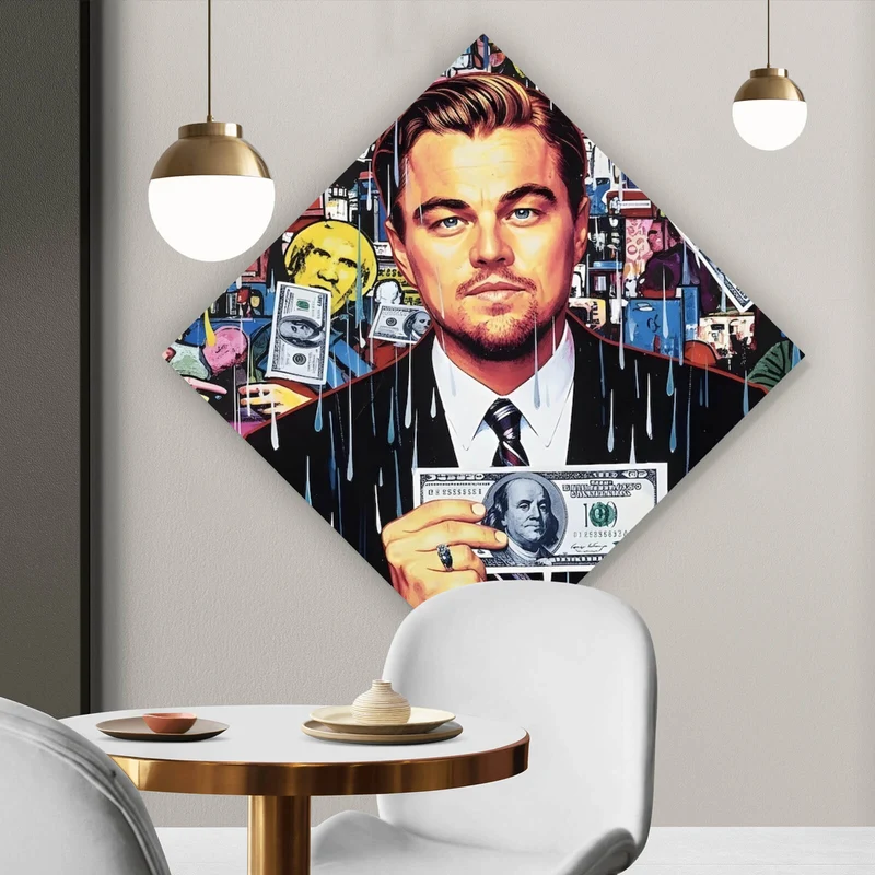 Aluminiumbild Leonardo mit Geldschein vor buntem Hintergrund Raute