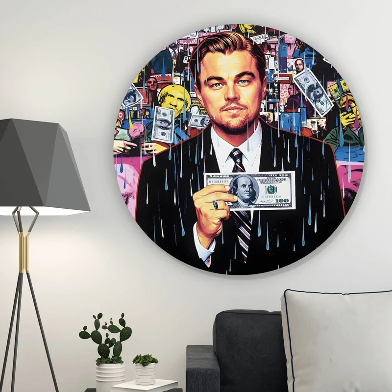 Aluminiumbild Leonardo mit Geldschein vor buntem Hintergrund Kreis
