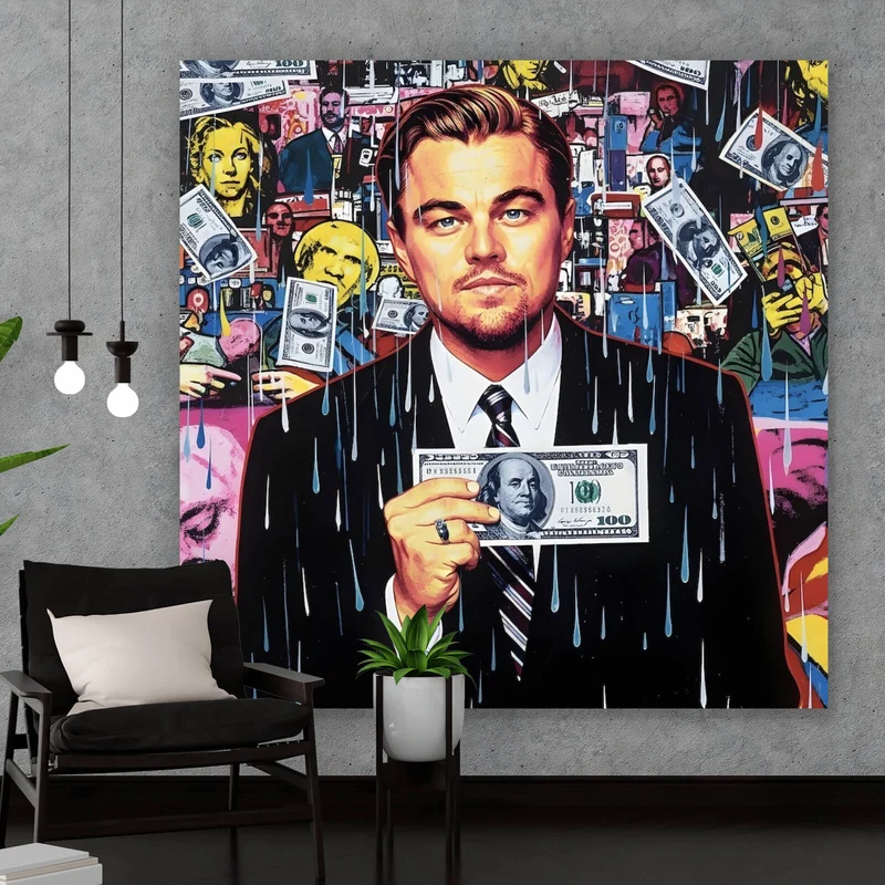 Acrylglasbild Leonardo mit Geldschein vor buntem Hintergrund Quadrat